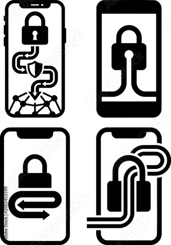 Mobile encryption tunnel icon set featuring secure connection and privacy loop silhouettes