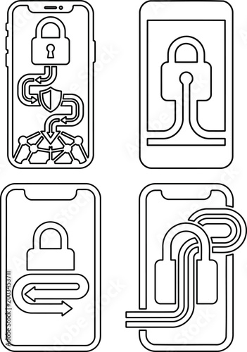 Mobile data tunnel outline icon set for secure smartphone apps and technical software design
