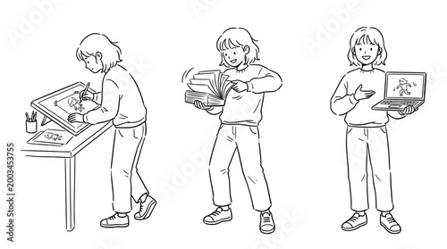 Young artist showcasing completed drawings in minimal line art style.