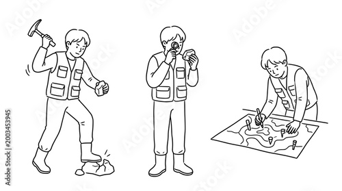 Geologist exploring terrain and studying rock formations outdoor.