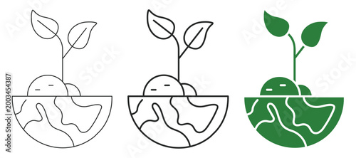 Plant growth on globe web line and solid icon set with seedling, earth, nature, sustainability and ecology concept. Editable stroke