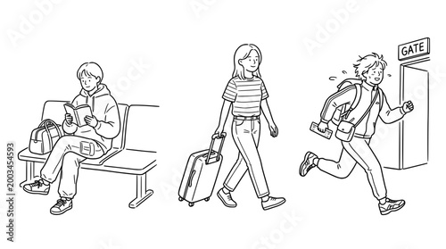 Character sketch showing travelers at an airport setting with luggage.
