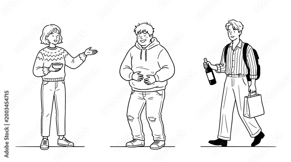 Fototapeta premium Outline Sketch Depicting Characters in Social and Casual Scenarios