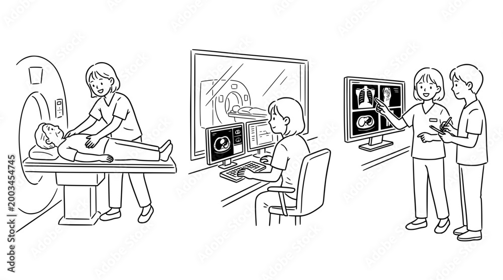 Obraz premium Medical Staff Analyzing Patient Imaging in Line Art Representation