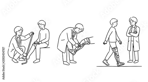 Orthopedic specialist fitting a young patient with a prosthetic limb