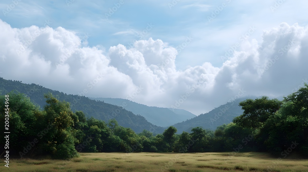 Fototapeta premium Vast natural landscape view featuring lush green rolling hills beneath a dramatic cloudy sky