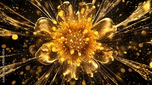 Golden abstract flower with glowing particles and light streaks