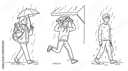 Playful moments: kids engaging with umbrellas in rainy weather sketch.