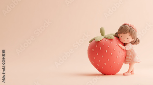Cute little girl hugging a giant strawberry, minimal pastel 3D illustration with sweet playful mood and soft tones, perfect for kids branding and food design