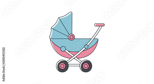 Cute Vintage Baby Stroller, Pastel Blue and Pink Pram, Isolated on White Background