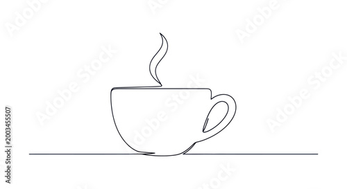 Single Line Drawing of Steaming Coffee Cup on White Background