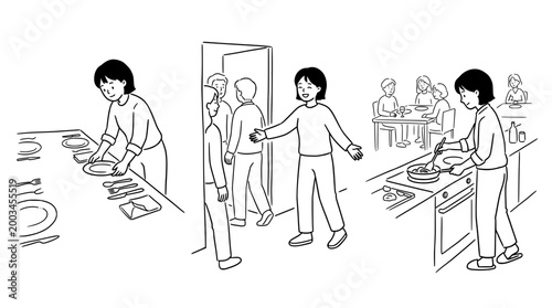 Welcoming guests in a minimalist black and white themed image.
