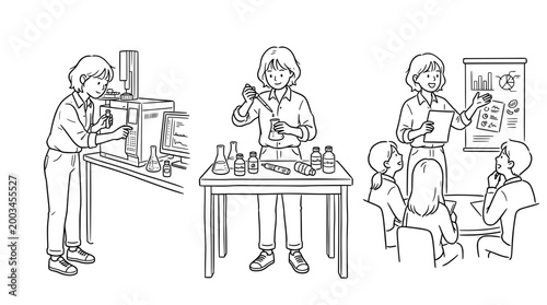 Researcher analyzing data in minimalist black and white sketch style.