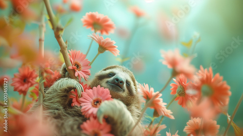 Peaceful sloth resting among soft pink flowers, dreamy pastel scene with gentle light and calming atmosphere, perfect for wellness branding and emotional storytelling