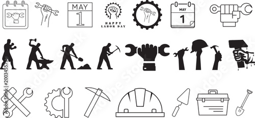 Labor Day Icons: A collection of icons celebrates Labor Day, depicting various tools, workers, and calendar symbols associated with the holiday's spirit.png