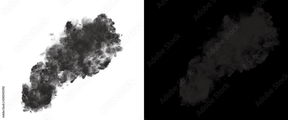 Fototapeta premium Black smoke plume isolated on white background, dark gray steam cloud texture, atmospheric vapor effect for design compositing