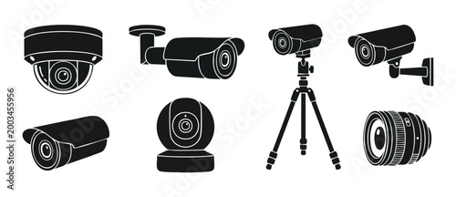 Security Camera Icons Set, CCTV Surveillance Systems and Digital Video Recorders for Safety Monitoring, Professional Vector Graphic Collection of Isolated Surveillance Devices for Business Protection