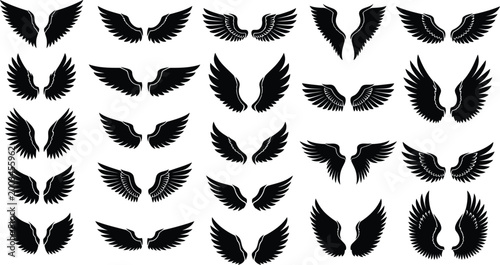 Collection of diverse black wing designs for graphic applications