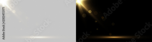 Golden lens flare star light isolated on transparent and black background. Bright glowing rays with sparkle effect. Perfect for light overlays, effects, and design.	