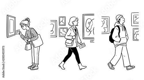 Art enthusiasts exploring gallery through minimalist line art