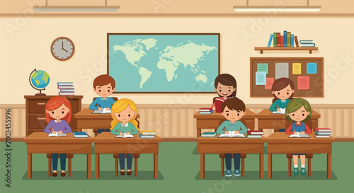 Children learning geography in colorful classroom Vector