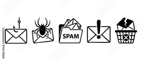 Email Spam Phishing Icon Set - Cybersecurity Digital Threat Prevention Graphic for Data Safety and Online Scam Protection Symbols Isolated on White Background for Web Interface and Network Security De