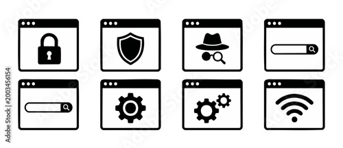 Browser Interface Icons Set: Security, Incognito, Search, Settings and Connectivity Symbols for Web UI Design, Modern Flat Black Vector Illustration Collection for Professional Website Development