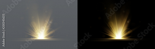 Golden lens flare star light isolated on transparent and black background. Bright glowing rays with sparkle effect. Perfect for light overlays, effects, and design.	