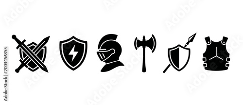 Medieval Knight Armor Icons Set, Warrior Weapons and Shield Symbols. Collection of historical battle equipment, helmet, sword, axe, spear, and chest plate silhouette signs for gaming or historical des