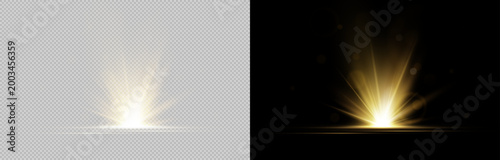 Golden lens flare star light isolated on transparent and black background. Bright glowing rays with sparkle effect. Perfect for light overlays, effects, and design.	