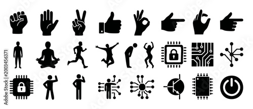 Human Hands Gestures and Technology Icons Set, Black Silhouette Collection for Web UI Design, Human Movement Poses and Computing Electronic Circuits Symbols, Vector Isolated Elements for Business App