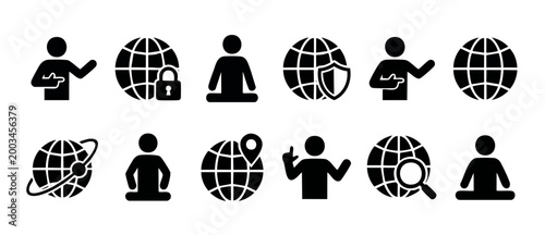 Global Business Icons Set, Human Figures and Earth Globe Symbols, Digital Connectivity and Meditation Graphics for Infographics, Modern Flat Vector UI Elements for Web Development and Corporate Projec