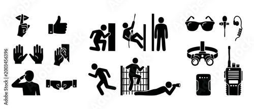 Tactical Military Icons Set, Special Forces Operation Symbols, Espionage and Reconnaissance Graphics for Communication, Surveillance, Climbing, Stealth Actions, and Security Missions for Infographic D