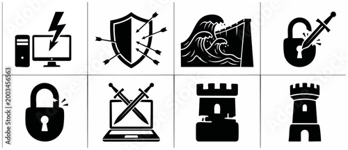 Cybersecurity Icons Set, Data Protection and Network Defense Symbols, Black and White Graphic Collection for IT Security, Firewall, Encryption, Antivirus, Digital Safety, Software Vulnerability and Th