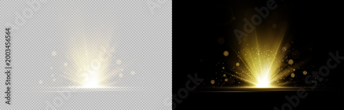 Golden lens flare star light isolated on transparent and black background. Bright glowing rays with sparkle effect. Perfect for light overlays, effects, and design.	