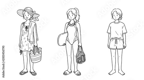 Beach-ready characters featuring summery attire and outdoor accessories.