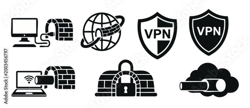 VPN Cyber Security Icons Set for Network Protection, Firewall, and Private Data Encryption. Vector illustration of internet security symbols including secure tunnels, shield logos, and cloud encryptio