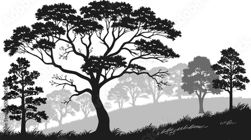 Layered Forest Landscape Black and White Vector with Tree Seamless Nature Pattern Background