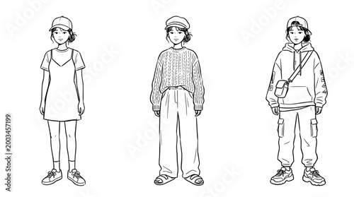 Trendy character sketches exhibiting stylish wear and casual vibes.