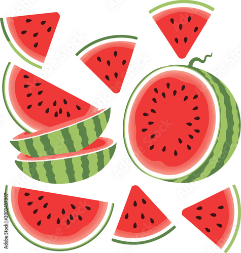 Fresh Watermelon Set with Whole Half and Slices Isolated on White Background