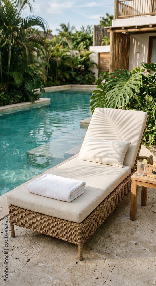 Fototapeta premium Resort details poolside lounger with towel and drink at tropical resort pool