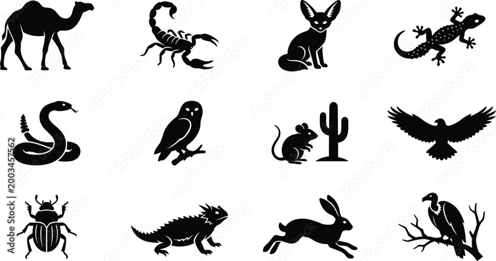Fototapeta premium Desert animal icons, black silhouettes, wildlife symbols, vector graphics
