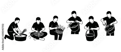 Basket Weaving Process Steps, Artisan Crafting Wicker Baskets, Manual Labor Silhouette Icons, Handcrafted Traditional Skill Set for DIY Workshop, Educational Illustration on White Background Isolated