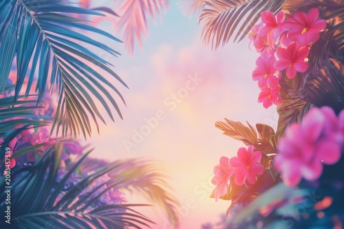Tropical floral frame with palm leaves and vibrant pink flowers on soft blurry sky backdrop. Dreamy composition with warm light and copy space, romantic and exotic mood, for summer design, invitations