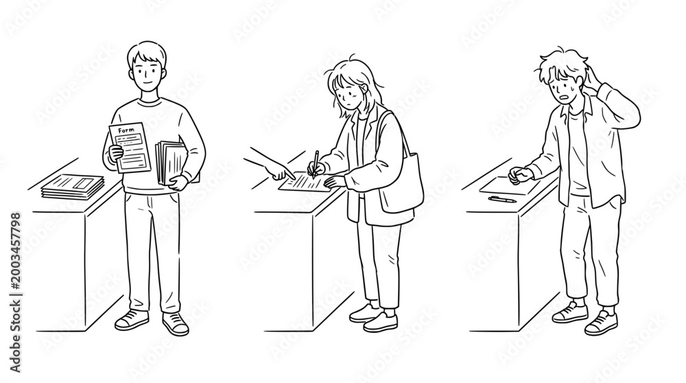Obraz premium Three characters in different situations emphasizing learning and focus.
