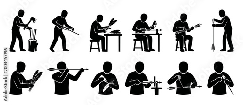 Arrow Making Process Icons Set, Manual Crafting Steps for Archery Equipment, Woodworking and Fletching Procedures for Hunting Gear and Traditional Weapon Production Vector Silhouette Illustration