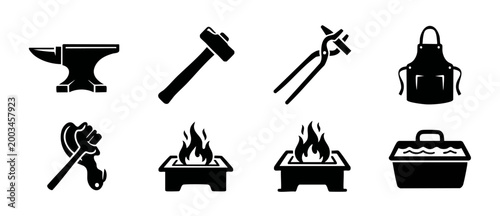 Photos Blacksmith tools icon set, metalworking equipment collection including anvil, hammer, tongs, apron, fire, and forge