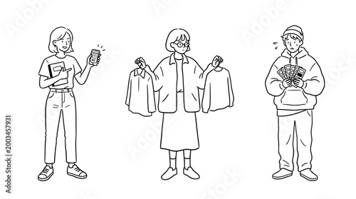 Two friends comparing outfits in a minimalist line art illustration.