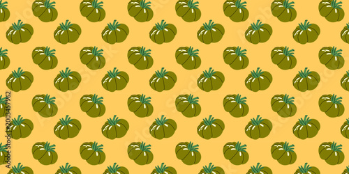 Green tomato seamless pattern. Flat vector illustration with repeating tomato elements. Perfect for textile, wrapping paper, kitchen decor, packaging and organic food design.