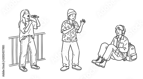 Three characters expressing joy through music in minimalist line art design